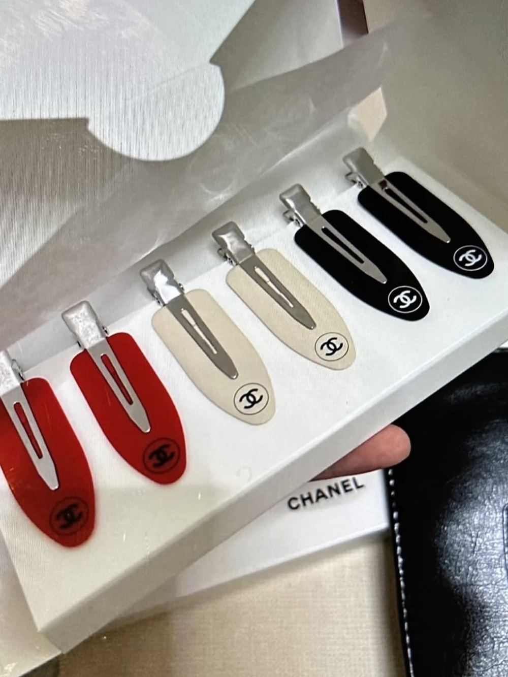 CHANEL Red, Cream & Black Enamel CC Hair Clip Set - Picture 1 of 2